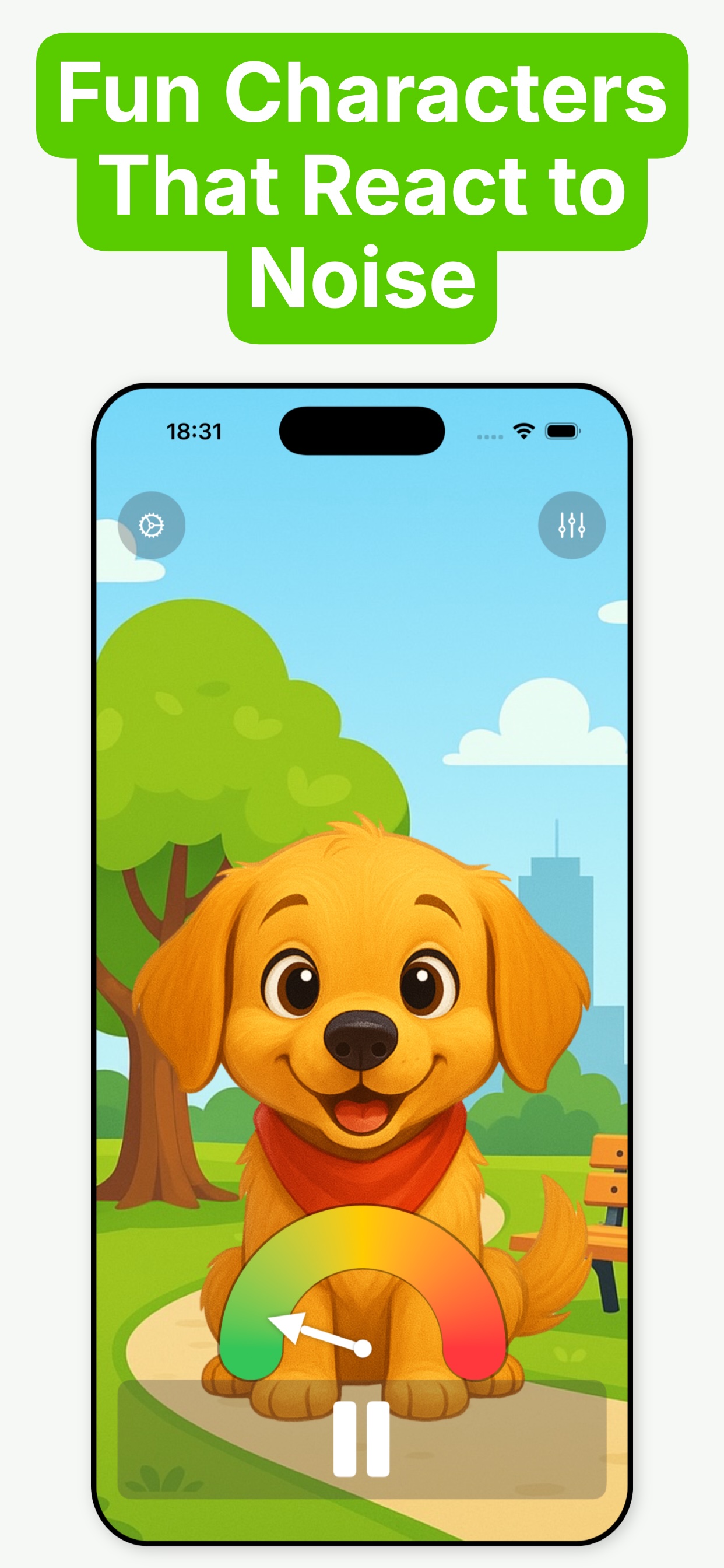 Kids noise meter character changing expression as classroom noise level rises to yellow